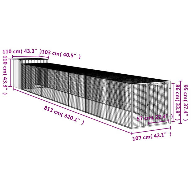 vidaXL Kippenhok met ren 110x813x110 cm gegalvaniseerd staal antraciet