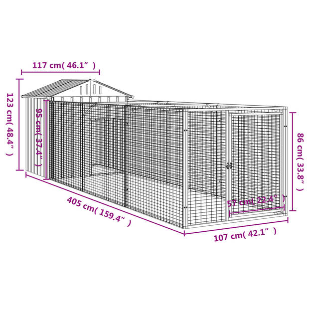The Living Store Hondenhok met verlengde ren - 117 x 405 x 123 cm - Lichtgrijs - Gegalvaniseerd staal