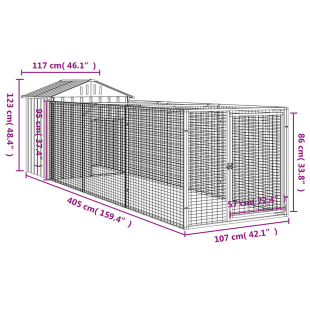 The Living Store Hondenhok met Verlengde Ren - 117 x 405 x 123 cm - gegalvaniseerd staal - antraciet