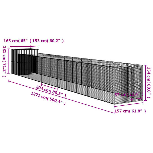 The Living Store Hondenhok met Verlengde Ren - 165 x 1.271 x 181 cm - Gegalvaniseerd Staal - Antraciet