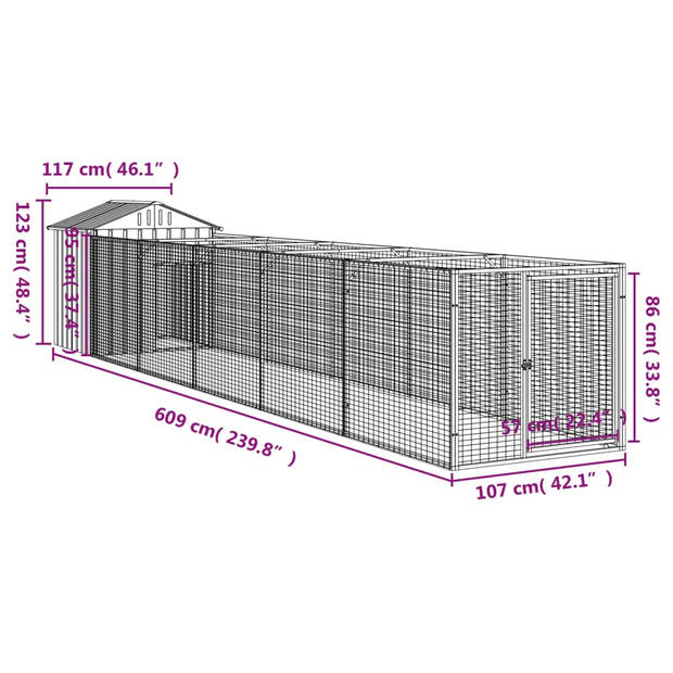 The Living Store Hondenhok - Verlengde ren - 117 x 609 x 123 cm - Gegalvaniseerd staal - Lichtgrijs