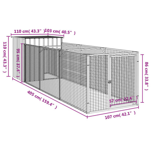 The Living Store Hondenhok met verlengde ren - 110x405x110cm - Gegalvaniseerd staal - Lichtgrijs