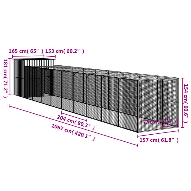 vidaXL Hondenhok met ren 165x1.067x181 cm staal lichtgrijs