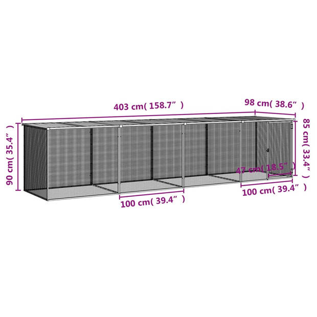 vidaXL Kippenhok met dak 403x98x90 cm gegalvaniseerd staal antraciet