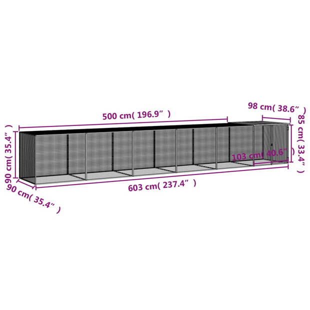 vidaXL Kippenhok met dak 603x98x90 cm gegalvaniseerd staal lichtgrijs