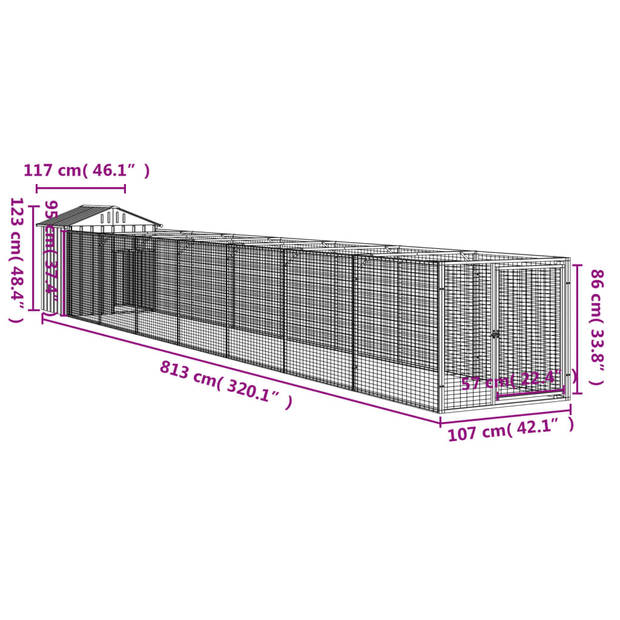 The Living Store Hondenhok met Verlengde Ren - 117x813x123 cm - Lichtgrijs - Gegalvaniseerd Staal