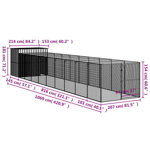 The Living Store Hondenhok Ren - 214x1.069x181 cm - Duurzaam Gegalvaniseerd Staal - Antraciet