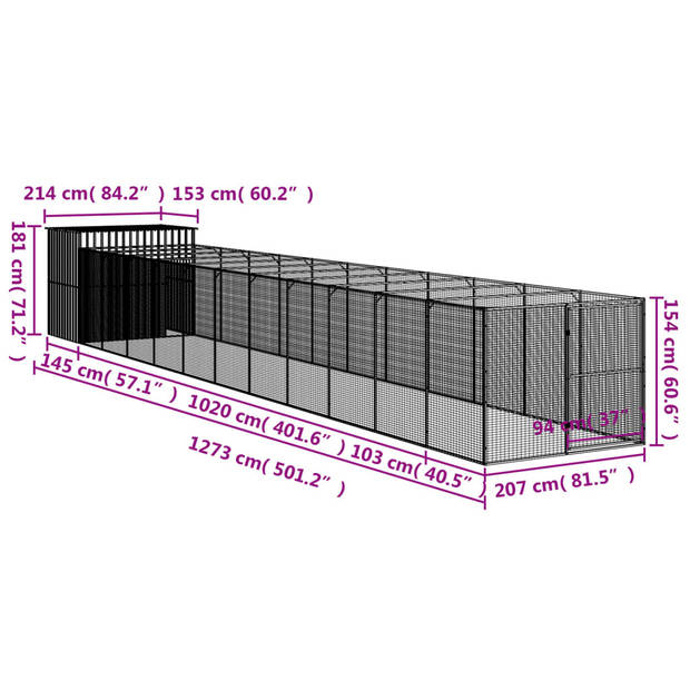 The Living Store Hondenhok Verlengde Ren - 214 x 1273 x 181 cm - Antraciet - Gegalvaniseerd Staal