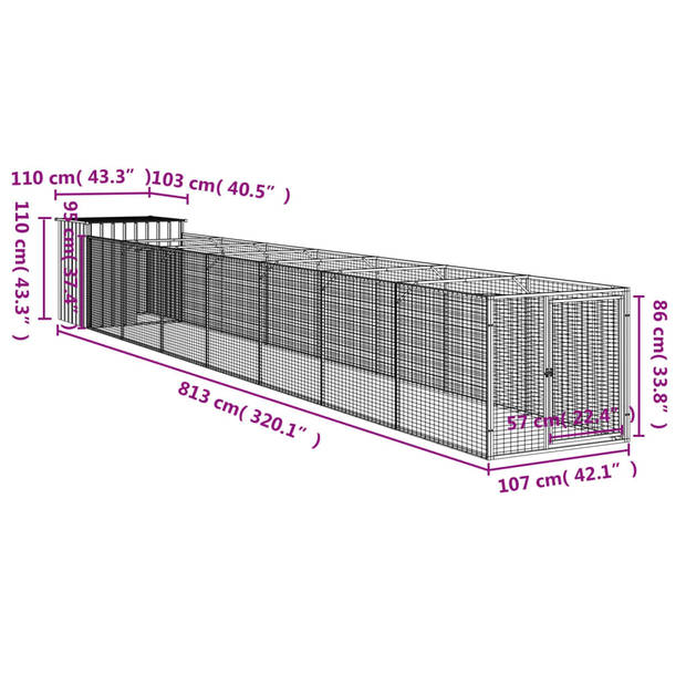 The Living Store Hondenhok Verlengde Ren - 110 x 813 x 110 cm - Lichtgrijs - Gegalvaniseerd Staal