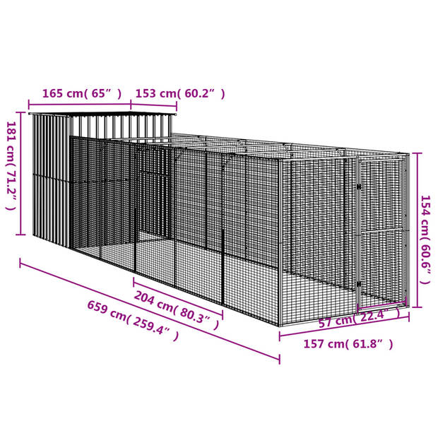 vidaXL Hondenhok met ren 165x659x181 cm gegalvaniseerd staal antraciet