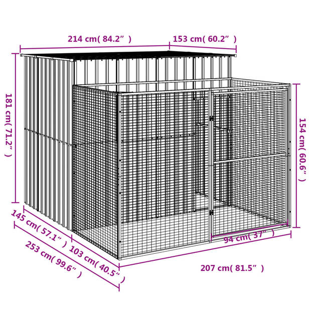 The Living Store Hondenhok met Verlengde Ren - 214 x 253 x 181 cm - Antraciet - Gegalvaniseerd Staal