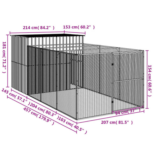 The Living Store Hondenhok - Verlengde ren - 214x457x181 cm - Antraciet - Gegalvaniseerd staal