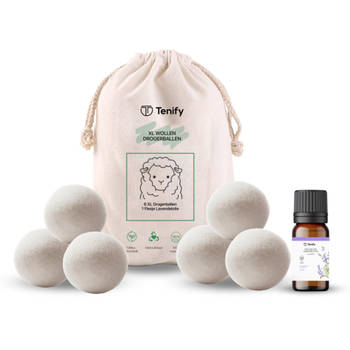 Tenify 6 XL Drogerballen + Extra Lavendel Olie - Wasbollen - Duurzaam - Wasverzachter - Herbruikbare Droogballen