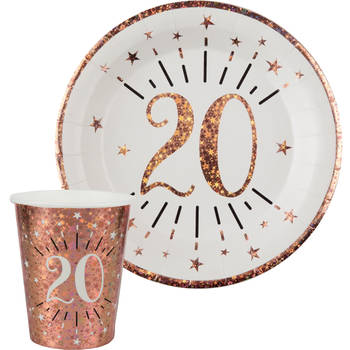 Verjaardag feest bekertjes en bordjes leeftijd - 20x - 20 jaar - rose goud - karton - Feestpakketten