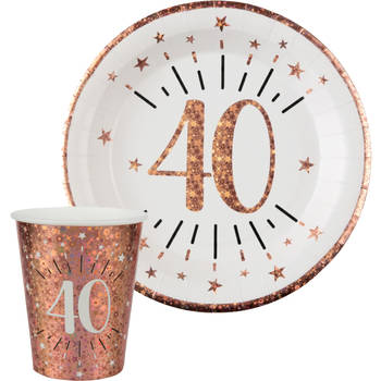 Verjaardag feest bekertjes en bordjes leeftijd - 40x - 40 jaar - rose goud - karton - Feestpakketten