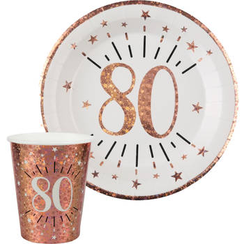 Verjaardag feest bekertjes en bordjes leeftijd - 20x - 80 jaar - rose goud - karton - Feestpakketten