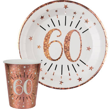 Verjaardag feest bekertjes en bordjes leeftijd - 20x - 60 jaar - rose goud - karton - Feestpakketten