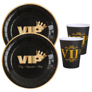 VIP feest wegwerp servies set - 10x bordjes / 10x bekers - zwart/goud - Feestpakketten