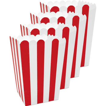 Partydeco Popcorn/snoep bakjes - 12x - rood gestreept - 7 x 7 x 12 cm - Wegwerpbakjes