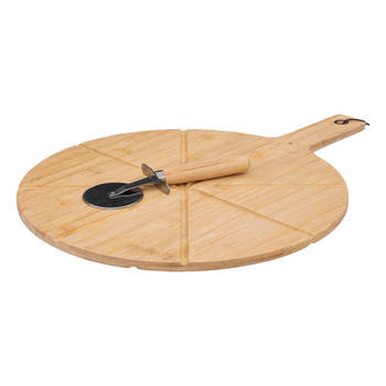 5Five pizza serveerplank met pizzasnijder - bamboe - 37 cm - dubbelzijdig - snijplank/keukenhulpje - Serveerplanken