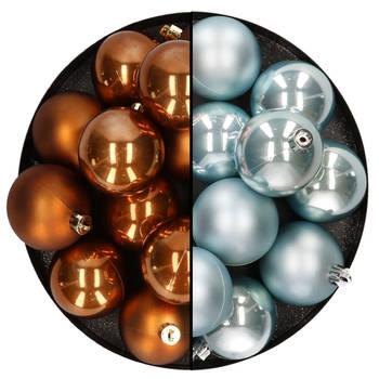 Kunststof kerstballen 6 cm - 24x stuks - bruin en lichtblauw - Kerstbal