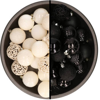 Kerstballen - 74x stuks - wol wit en zwart - 6 cm - kunststof - Kerstbal