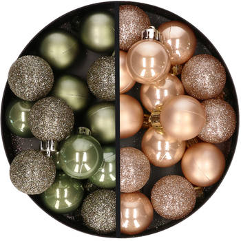 28x stuks kleine kunststof kerstballen legergroen en lichtbruin 3 cm - Kerstbal