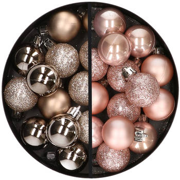 34x stuks kunststof kerstballen champagne en lichtroze 3 cm - Kerstbal