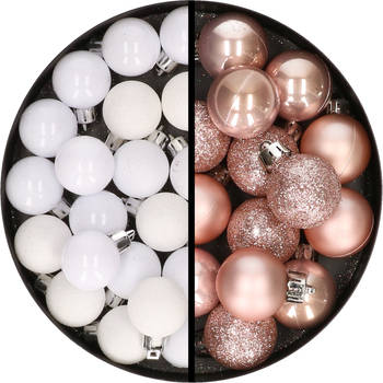 34x stuks kunststof kerstballen wit en lichtroze 3 cm - Kerstbal