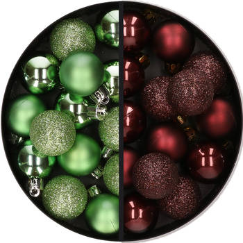 28x stuks kleine kunststof kerstballen groen en mahonie bruin 3 cm - Kerstbal
