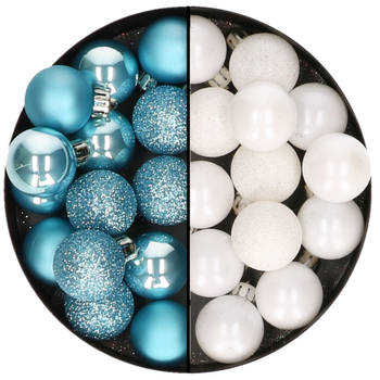 Kleine kerstballen - 28x st - wit en ijsblauw - 3 cm - kunststof - Kerstbal