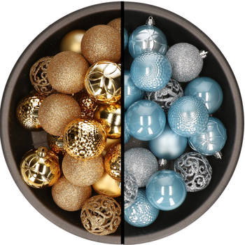 Kunststof kerstballen 74x stuks goud en lichtblauw 6 cm - Kerstbal