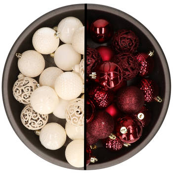 Kerstballen - 74x stuks - wol wit en donkerrood - 6 cm - kunststof - Kerstbal