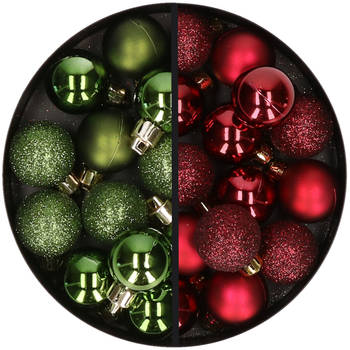 34x stuks kunststof kerstballen groen en donkerrood 3 cm - Kerstbal
