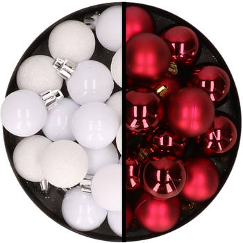 36x stuks kunststof kerstballen wit en donkerrood 3 en 4 cm - Kerstbal