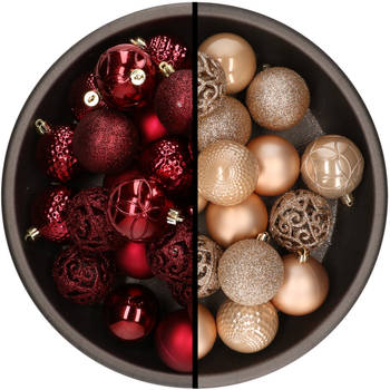 Kunststof kerstballen 74x stuks donkerrood en lichtbruin 6 cm - Kerstbal