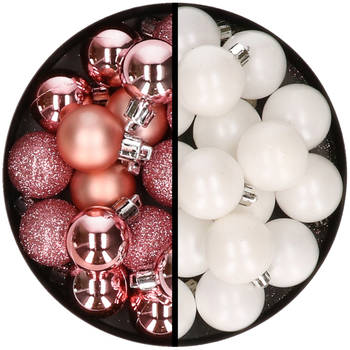 36x stuks kunststof kerstballen roze en wit 3 en 4 cm - Kerstbal