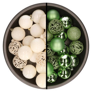 Kerstballen - 74x stuks - wol wit en groen - 6 cm - kunststof - Kerstbal