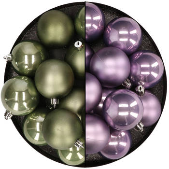 Kunststof kerstballen 6 cm - 24x stuks - groen en lila paars - Kerstbal