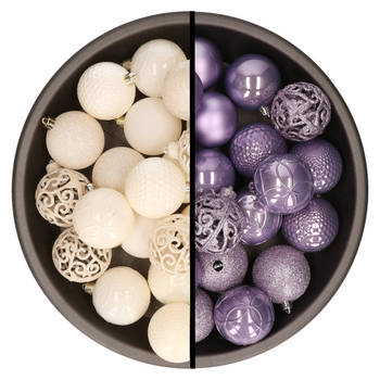 Kerstballen - 74x stuks - wol wit en lila paars - 6 cm - kunststof - Kerstbal