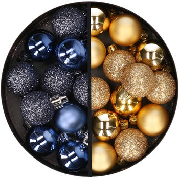 34x stuks kunststof kerstballen donkerblauw en goud 3 cm - Kerstbal