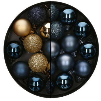 Atmosphera kerstballen - 36x - donkerblauw/goud - 3 cm -kunststof - Kerstbal