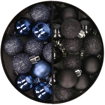 34x stuks kunststof kerstballen donkerblauw en zwart 3 cm - Kerstbal