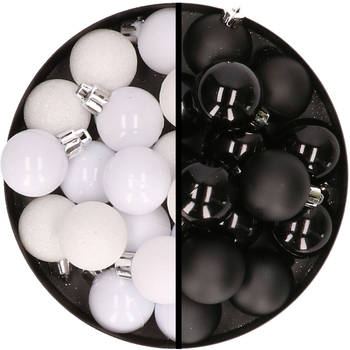 36x stuks kunststof kerstballen wit en zwart 3 en 4 cm - Kerstbal