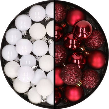 34x stuks kunststof kerstballen wit en donkerrood 3 cm - Kerstbal
