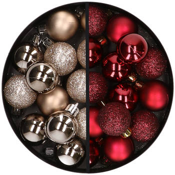 34x stuks kunststof kerstballen champagne en donkerrood 3 cm - Kerstbal