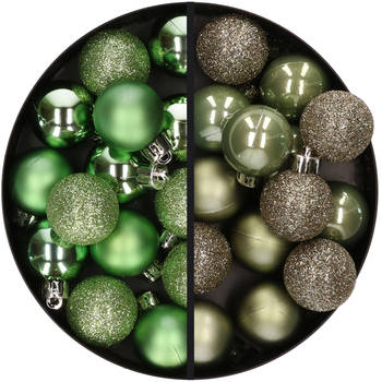 28x stuks kleine kunststof kerstballen groen en leger groen 3 cm - Kerstbal