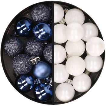 34x stuks kunststof kerstballen donkerblauw en wit 3 cm - Kerstbal