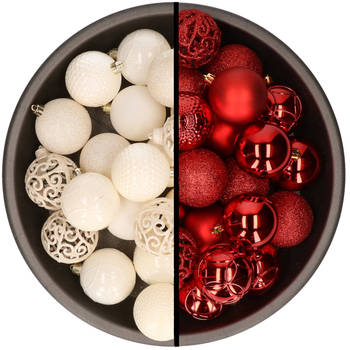 Kerstballen - 74x stuks - wol wit en rood - 6 cm - kunststof - Kerstbal