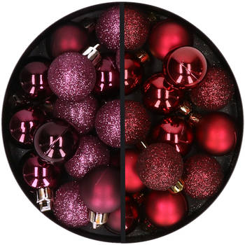 34x stuks kunststof kerstballen aubergine paars en donkerrood 3 cm - Kerstbal